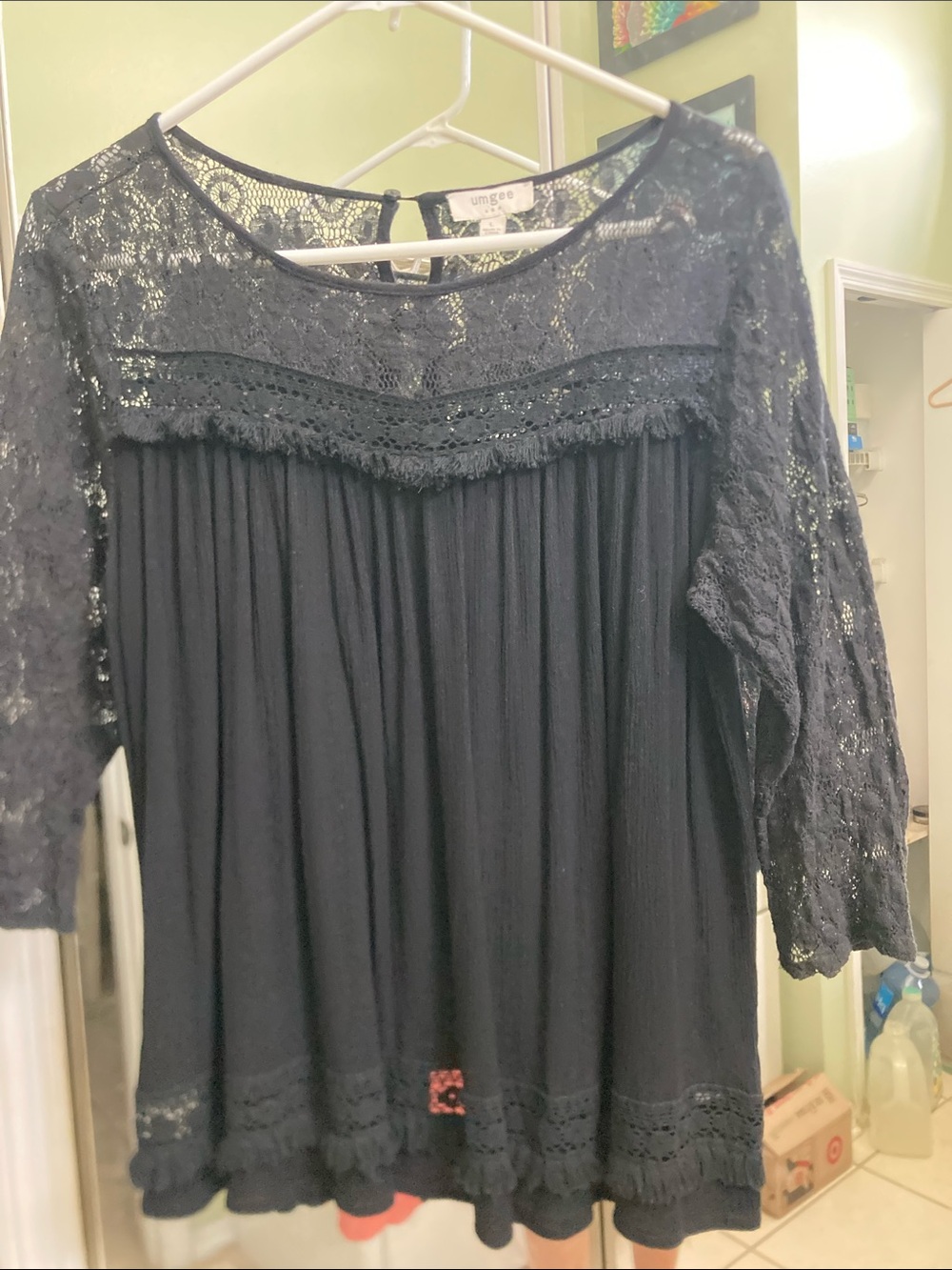 Umgee Navy Lace Yoke Peasant Blouse